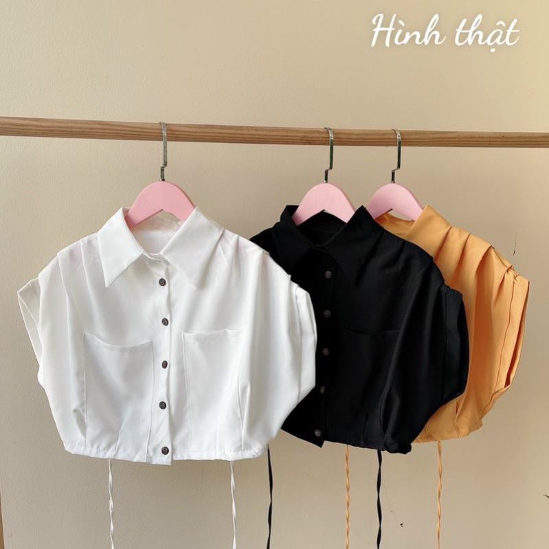 Áo sơ mi croptop nút tay cánh dơi buộc dây eo - S5U ་