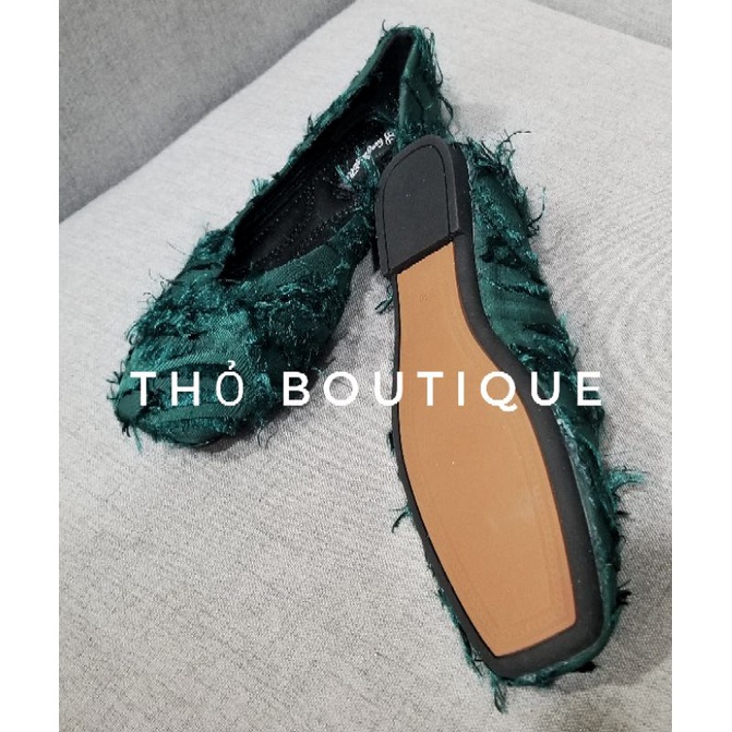 Giày bệt búp bê SAM vải lụa tua rua màu xanh lam size 36