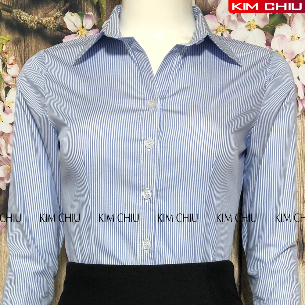 Áo Sơ Mi Nữ Công Sở KIM CHIU, Form Mai An, Sọc Kẻ Đậm Màu Xanh Tay Dài Vải Kate Mỹ Đẹp, Ít Nhăn, Giãn Nhẹ. SMTD01