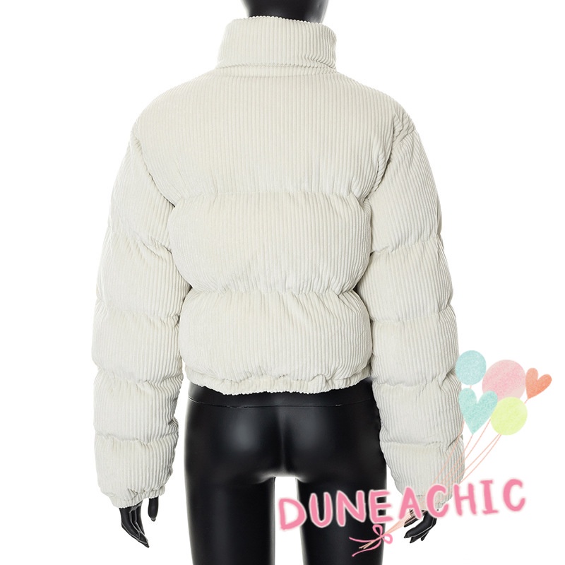 DUNEA Áo Khoác Phao Cổ Lọ Tay Dài Kẻ Sọc Phối Túi Cá Tính Cho Nữ