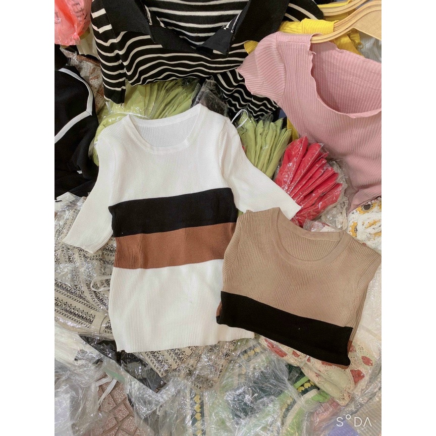 Áo Len Gân Tăm Sọc Ngực Tay Ngắn | Smide Clothing