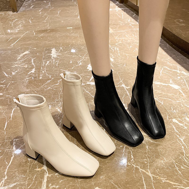 Giày boots đế dày cổ ngắn chất liệu da màu đen/be size 35-40 phong cách Hàn Quốc