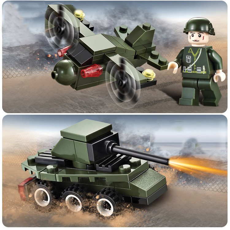 Bộ 8 kiểu đội xe quân sự tương thích lego đồ chơi lắp ráp thông minh phát triển trí tuệ 3-6 tuổi