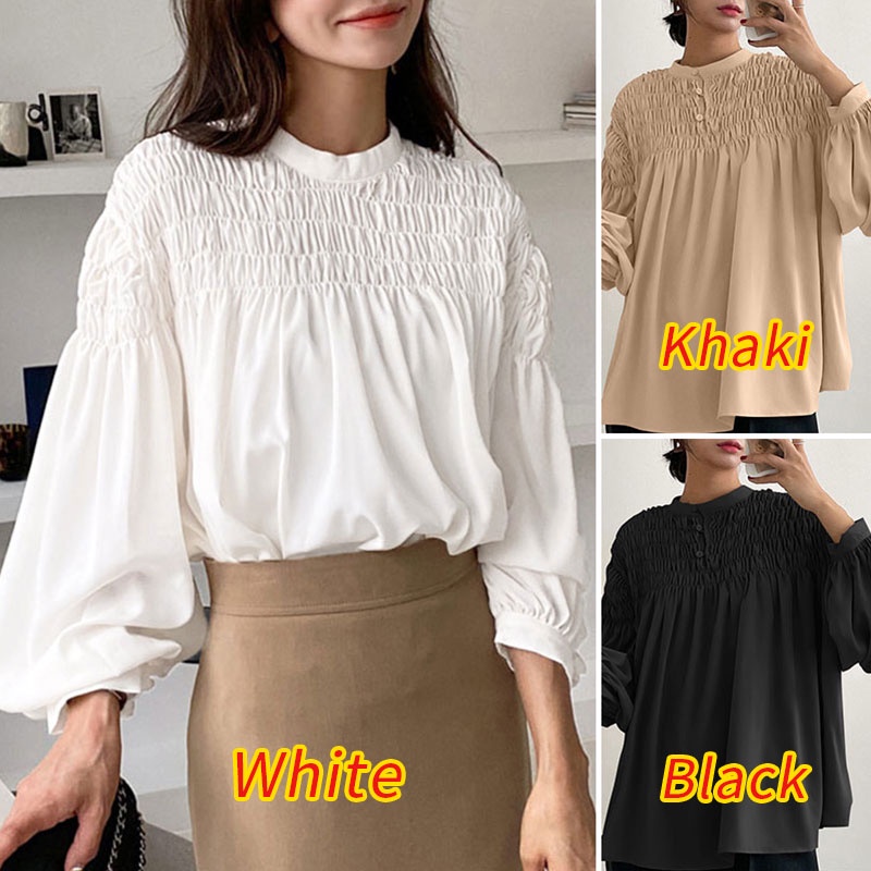 Áo kiểu Zanzea dài tay cổ đứng xếp ly phong cách Hàn Quốc thời trang thanh lịch dành cho nữ