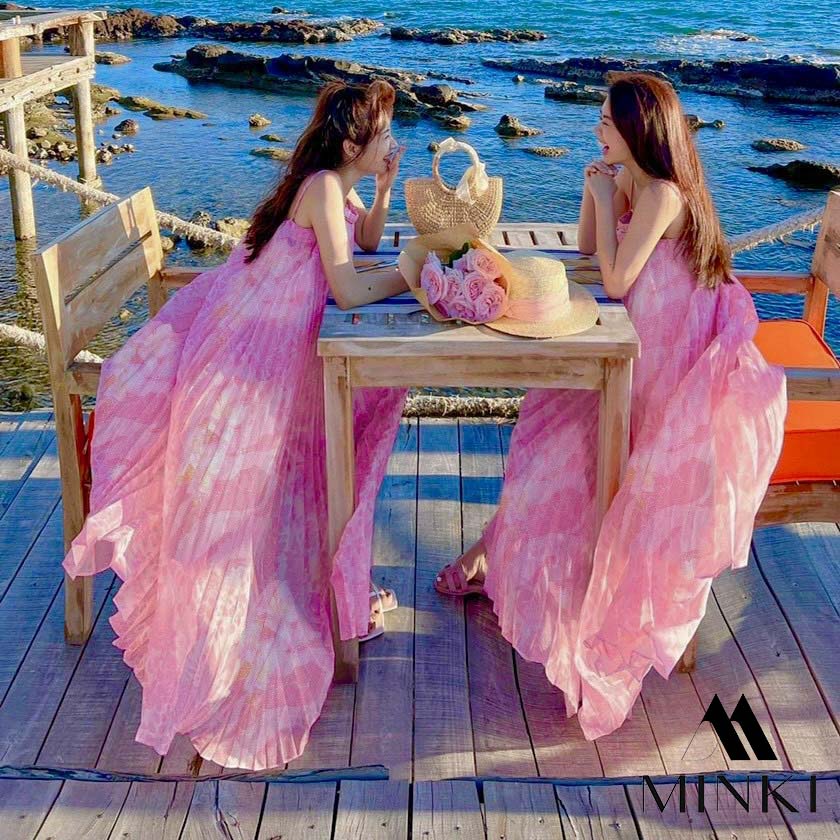 ĐẦM MAXI HOA VÂN DẬP LY - CHẤT LIỆU CAO CẤP - MÀU HỒNG TIỂU THƯ | BigBuy360 - bigbuy360.vn