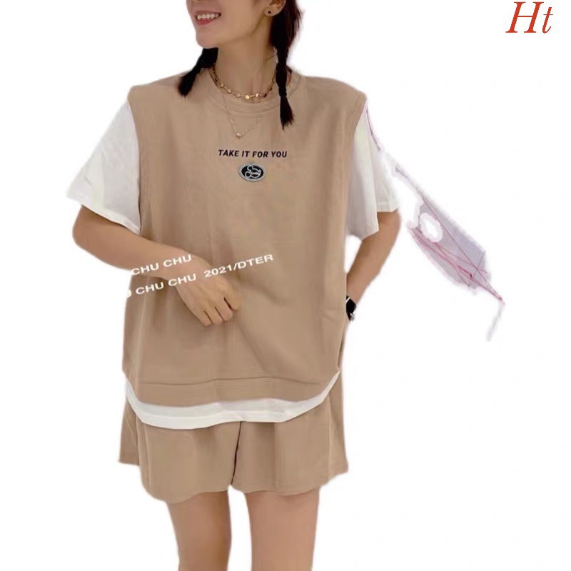 Sét Bộ đùi  nữ phối Take Chất liệu: cotton su Màu: be, xám Form thụng