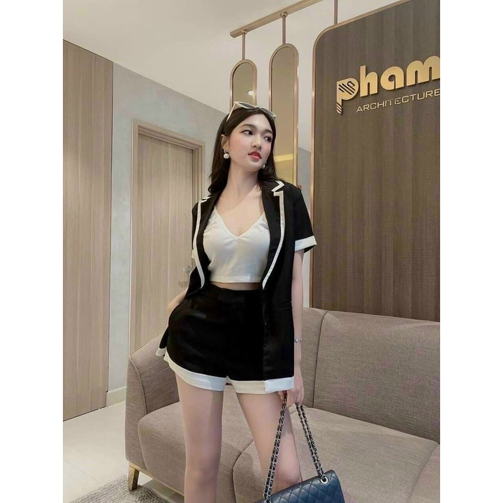 Sét bộ 3 món đồ nữ áo vest ngắn tay chỉ viền phối Croptop sang chảnh, xinh xắn đi chơi, dự tiệc