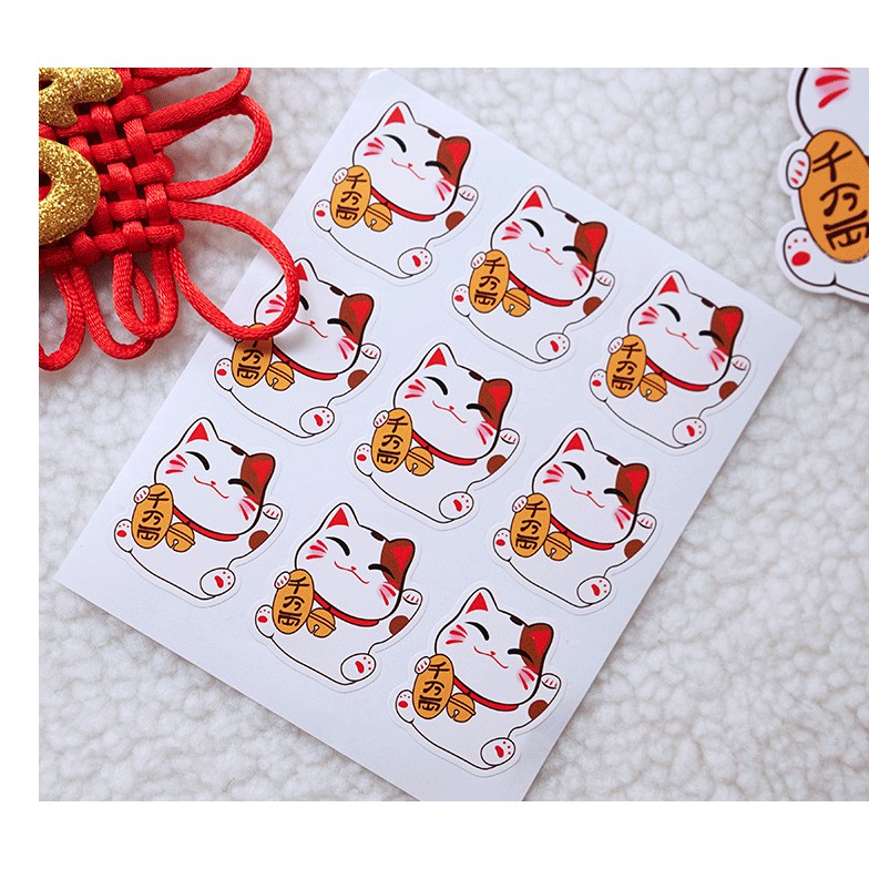 Set 9 nhãn dán trang trí túi bánh, hộp bánh chủ đề chú mèo thần tài may mắn mẫu 1
