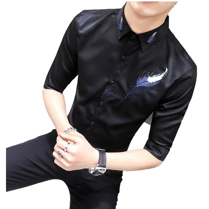 Áo sơ mi nam thêu vải đẹp thoáng mát cao cấp chiếc lá thời trang