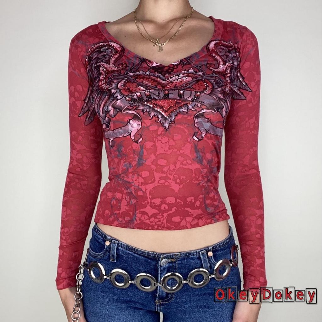 OKDK-Women Sexy Crop Tops Slim-fit Wing Print Long Sleeve V-neck T-shirt