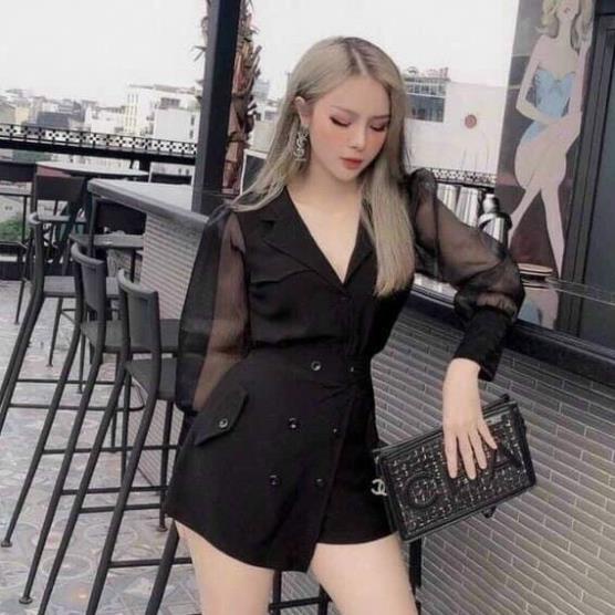 TSL-Jum cổ vest tay lưới sang chảnh màu đen đính cúc chéo v dễ thương dự tiệc TASA