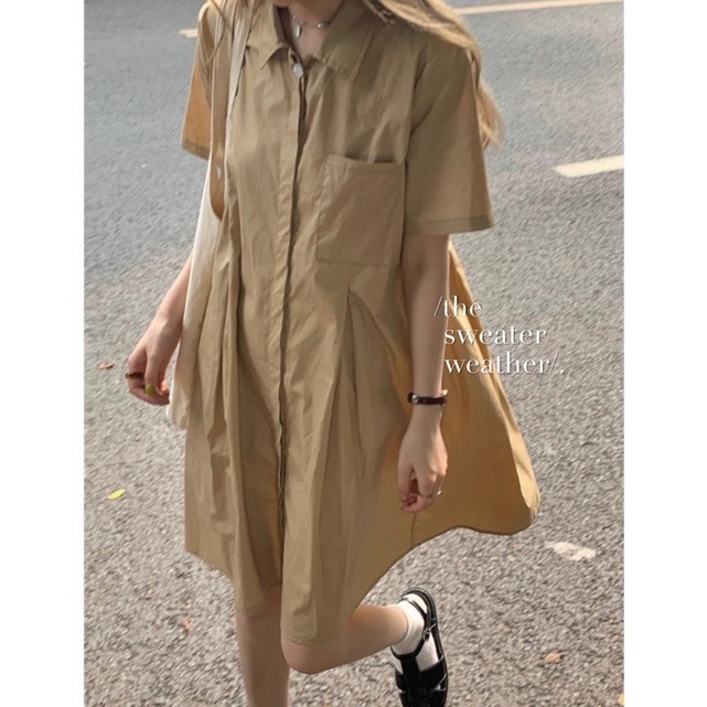 VÁY SƠ MI DÁNG BABYDOLL CÓ TÚI NGỰC SIÊU XINH VÁY SƠ MI CỔ ĐỨC DÁNG SUÔNG HÀN QUỐC