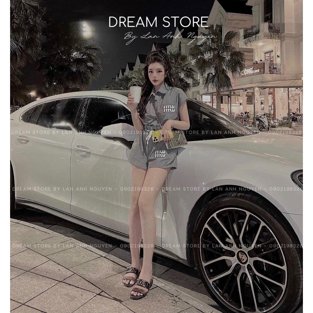 Sét Bộ Thời Trang Nữ Đi Chơi- Sét Bộ Thun Gân Đùi Sọc Thêu Chữ Miumiu Cổ Sơ Mi Mix Quần Đùi Có Lưng Bản