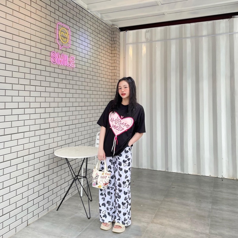 Set áo trái tim phối dây nơ quần suông gân A5