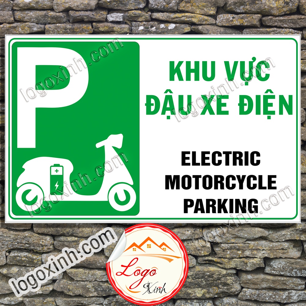 LOGO STICKER TEM DÁN BIỂN THÔNG BÁO KHU VỰC ĐỖ XE ĐIỆN, ĐẬU XE ĐIỆN- ELECTRIC MOTORCYCLE PARKING AREA