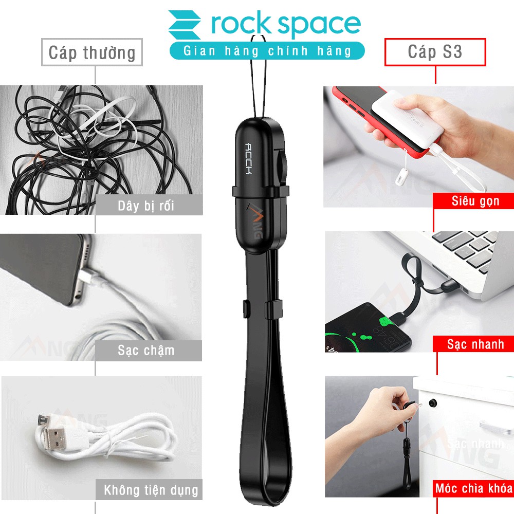 Cáp ngắn Rockspace S3 chuẩn lightning dành cho iphone / TypeC dành cho Samsung màu đen, trắng,móc khóa, nam châm