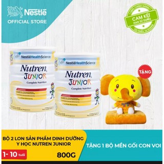 (Mẫu mới)Bộ 2 lon sữa Nutren Junior 800g tặng bộ gối mền voi vàng