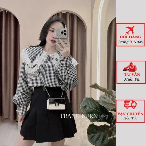 Áo sơ mi babydoll kẻ caro viền bèo cổ sen tiểu thư bánh bèo ulzzang Hàn Quốc