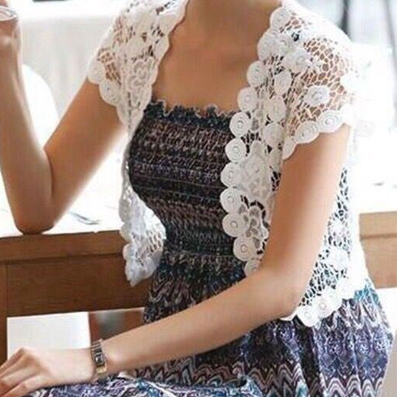 Áo Khoác Cardigan Ngắn Tay Phối Ren Hoa Thiết Kế Rỗng Thời Trang Cho Nữ