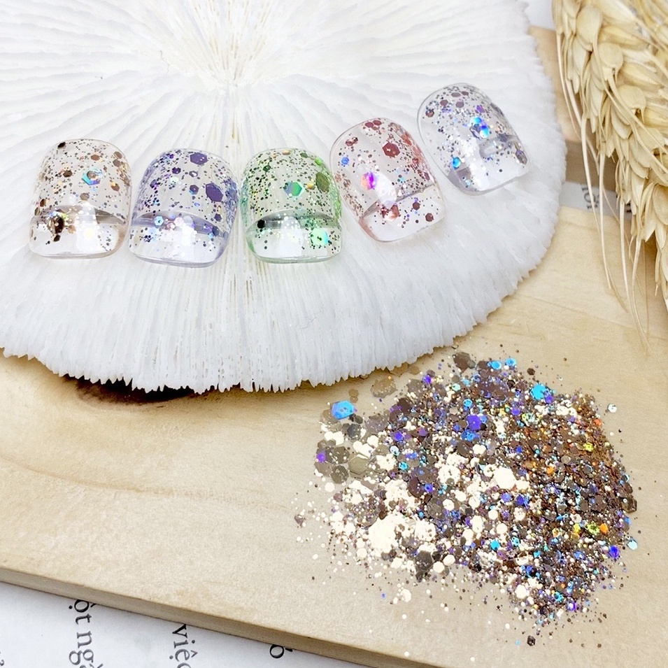 Phụ kiện nail giá rẻ sét nhũ khổng tước nhũ kim cương vảy cá set 8 hũ VUA SƠN AS