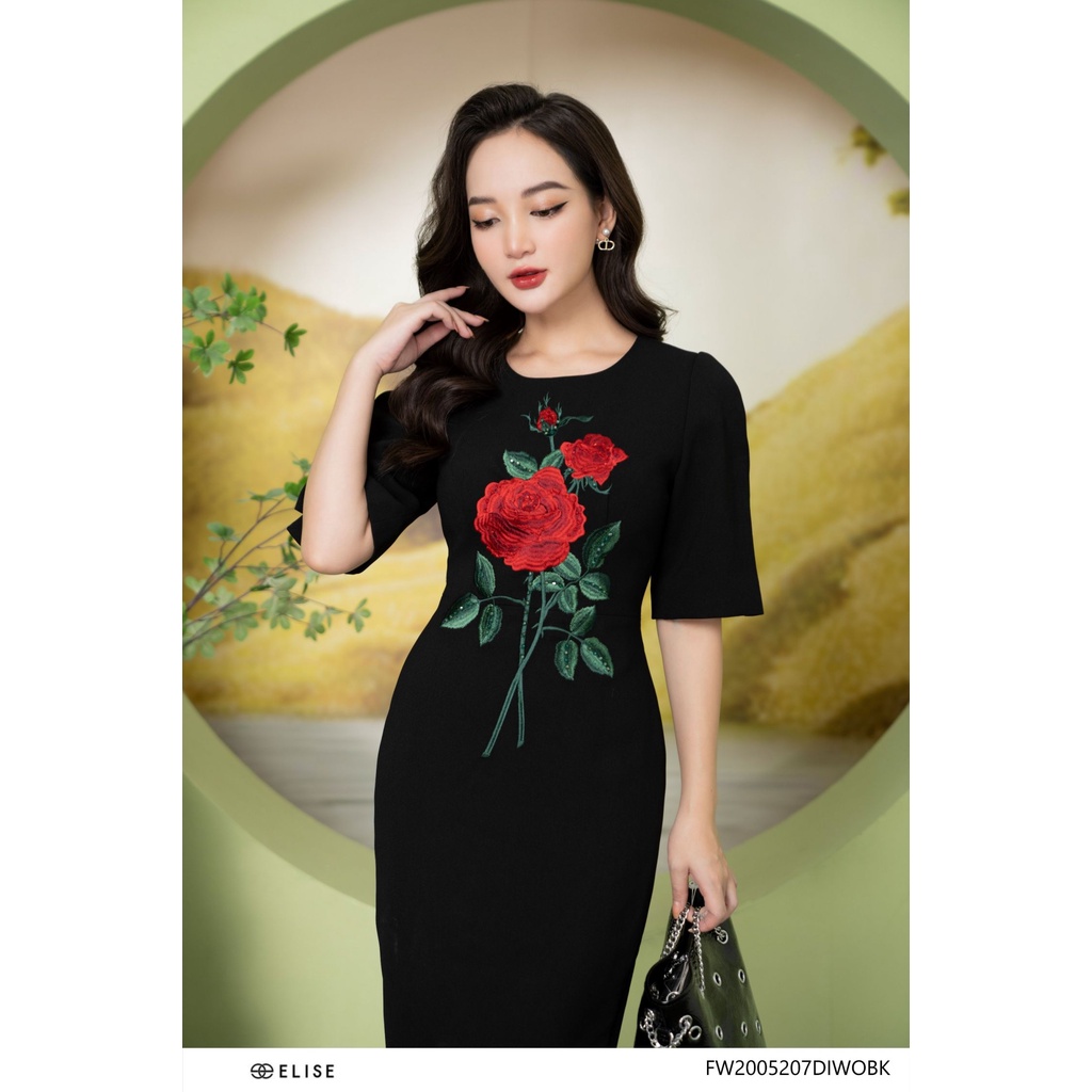 Đầm đen thêu hoa thiết kế Elise FW2005207DIWOBK