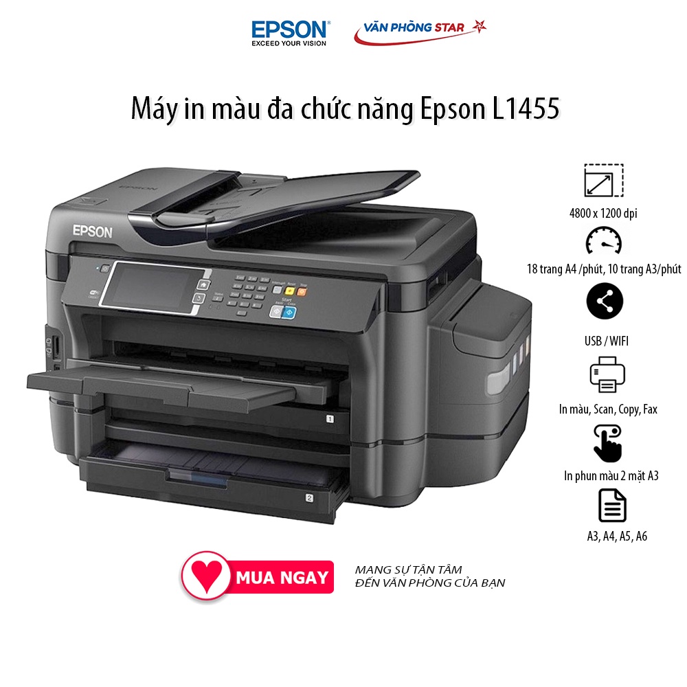 [FREESHIP] Máy in phun đa năng A3 Epson L1455 (In,Scan,Copy, Fax) 18 trang / 1 phút độ phân giải 4800 x 1200 dpi