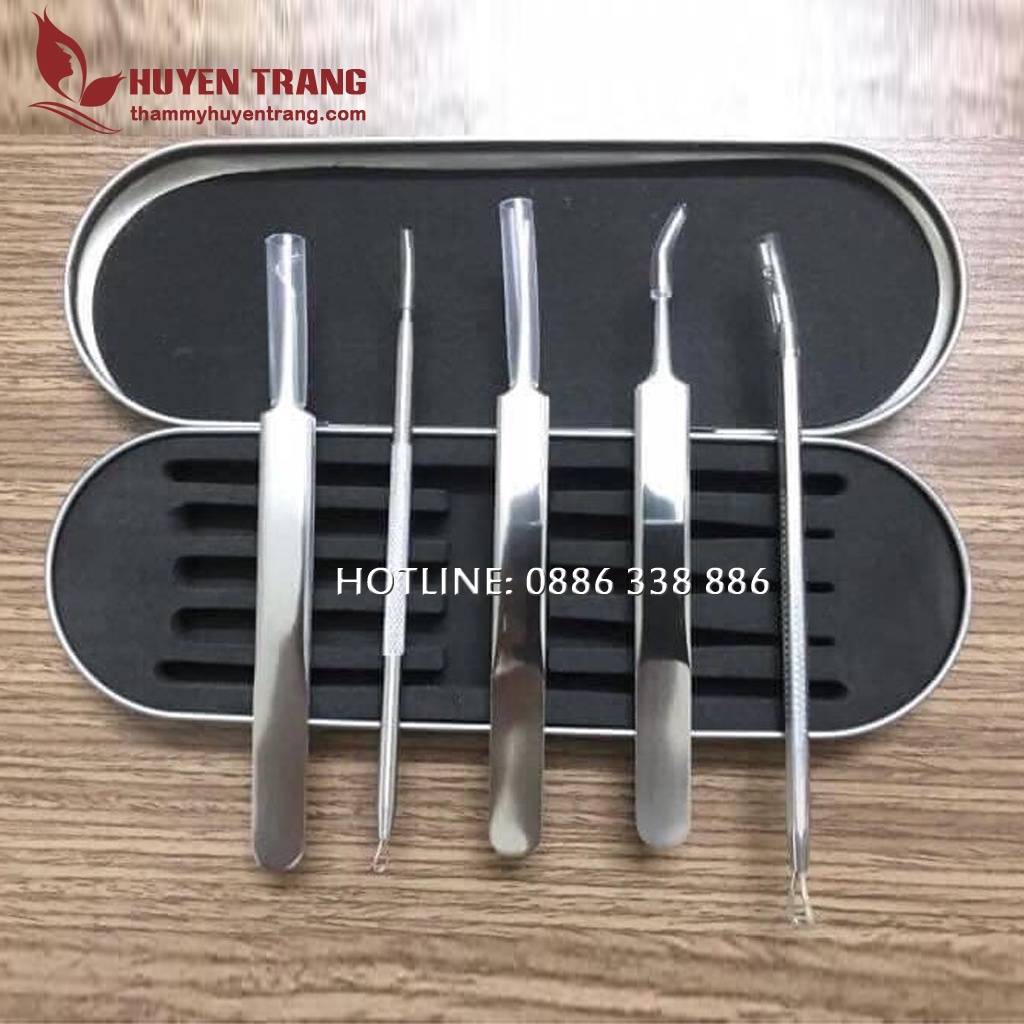 Bộ Dụng Cụ Nặn Mụn 5 Món: 3 Nhíp Lấy Mụn Và 2 Que Nặn Mụn Cao Cấp Không Gỉ - Thẩm Mỹ Huyền Trang NANOCEE
