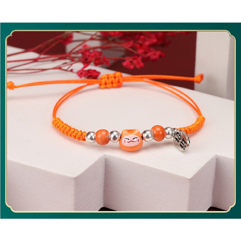 Vòng Tay EBI Gốm Tráng Men Mèo Nhỏ May Mắn Chiêu Tài Maneki Neko Dây Rút