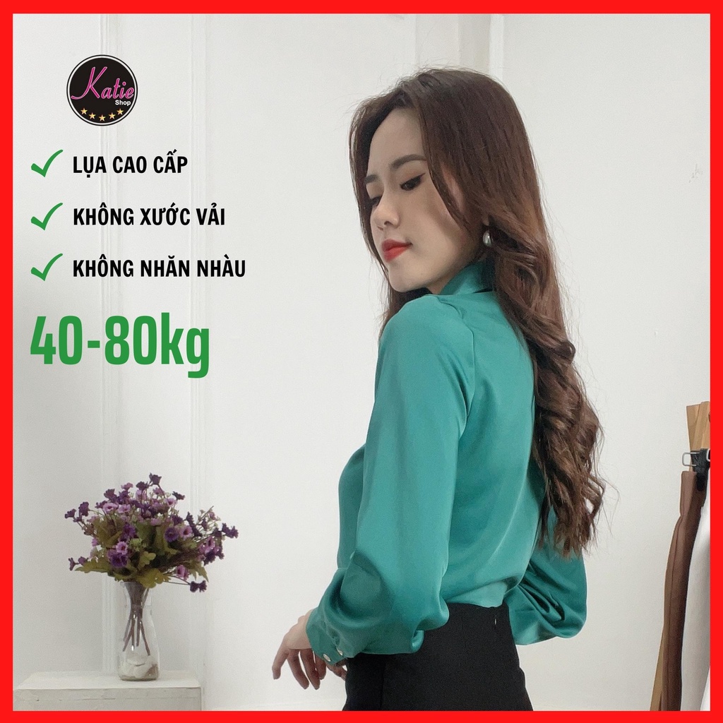 Áo Sơ Mi Nữ Màu Xanh Katie Sơ Mi Tay Dài Chất Áo Lụa Ngọc Trai Cao Cấp Nhiều Màu Sang Trọng Mềm Mịn Không Nhăn Al