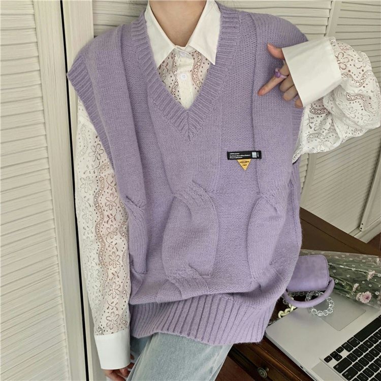 Áo không tay cổ chữ V/áo mi ren khoét rỗng phong cách Hàn Quốc