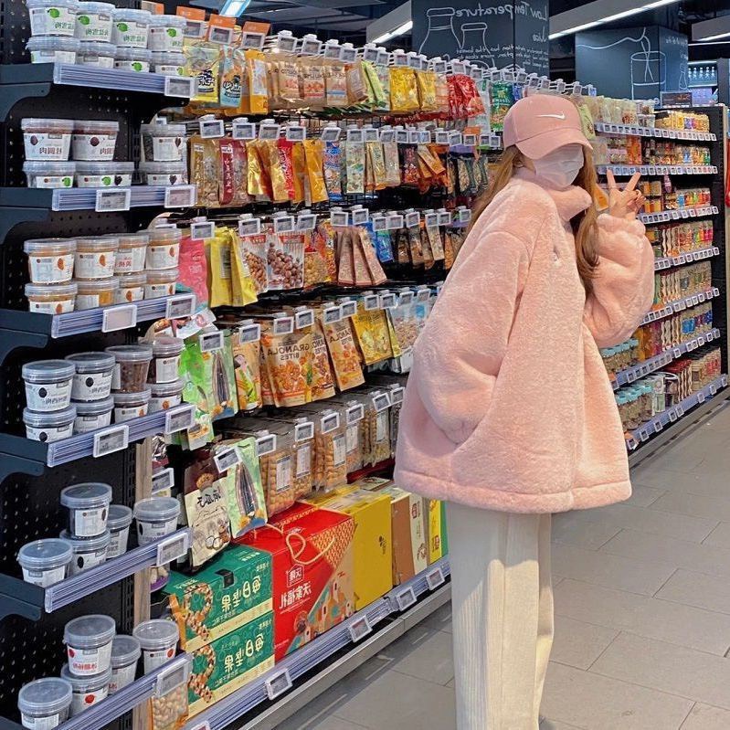 Áo khoác lông logo hai màu hồng, trắng / Áo khoác ngoài unisex phom rộng style Hàn quốc trẻ trung Nanashop