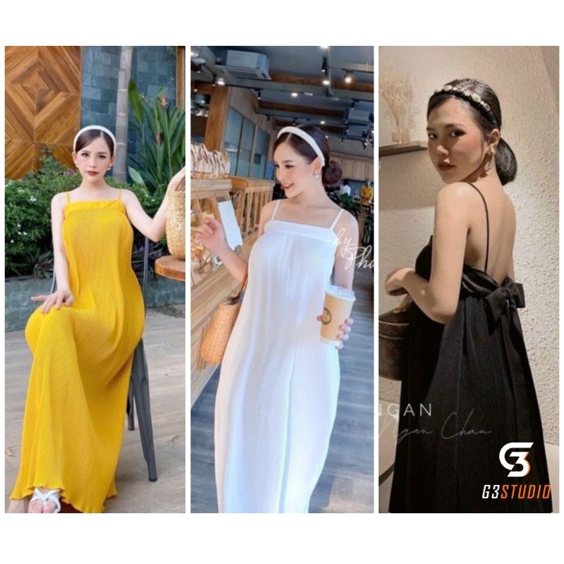 Mới- Đầm váy bầu suông dập ly giấu bụng nơ lưng mặc trước và sau sinh