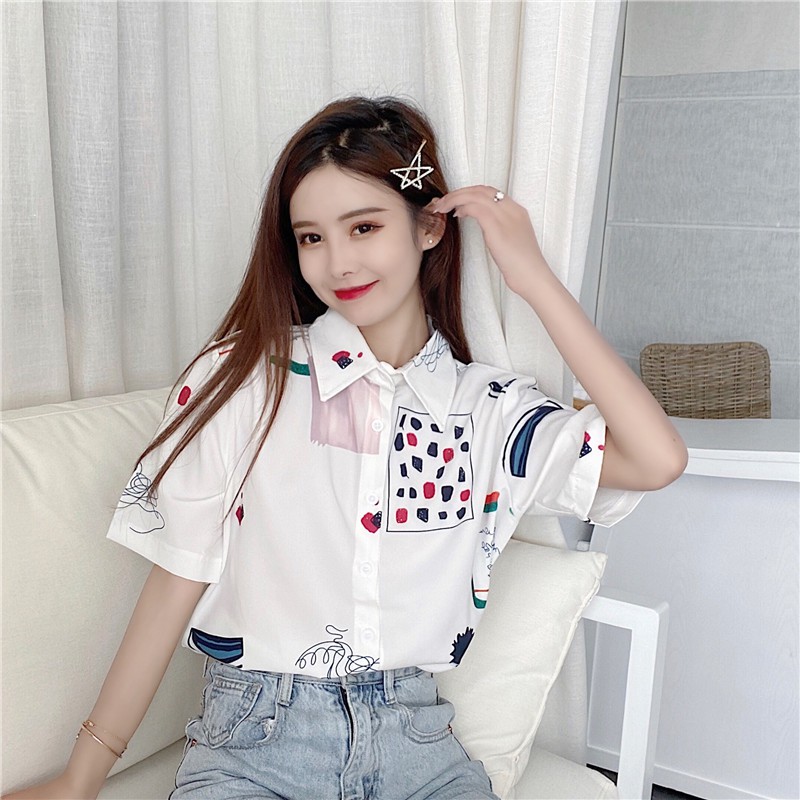 LEEVA - Áo sơ mi họa tiết nữ dáng rộng phong cách Hàn Quốc: Trắng bi
