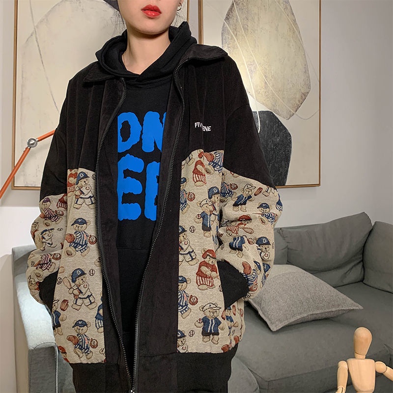 Áo khoác bóng chày cổ bẻ dáng rộng in hình gấu kiểu retro thời trang xuân thu cho nam