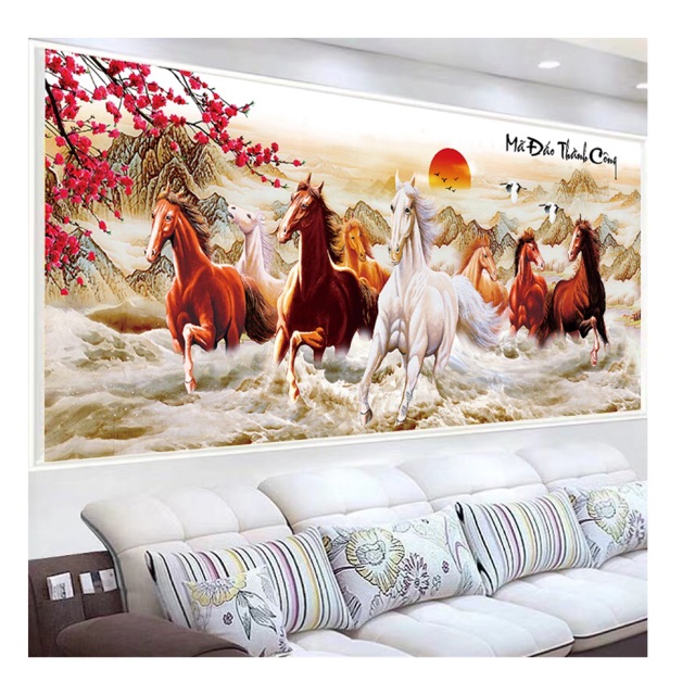 Tranh thêu mã đáo thành công 8 con ngựa 150x68cm- 237x1m 2mx90cm