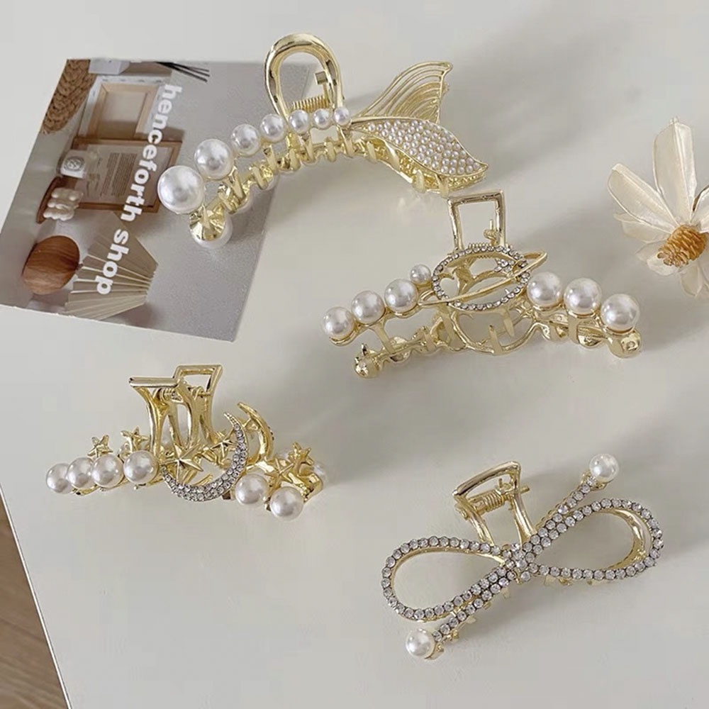 Kẹp Tóc Hình Đuôi Cá Mập Bằng Hợp Kim Đính Ngọc Trai Cỡ Lớn Hàng Mới