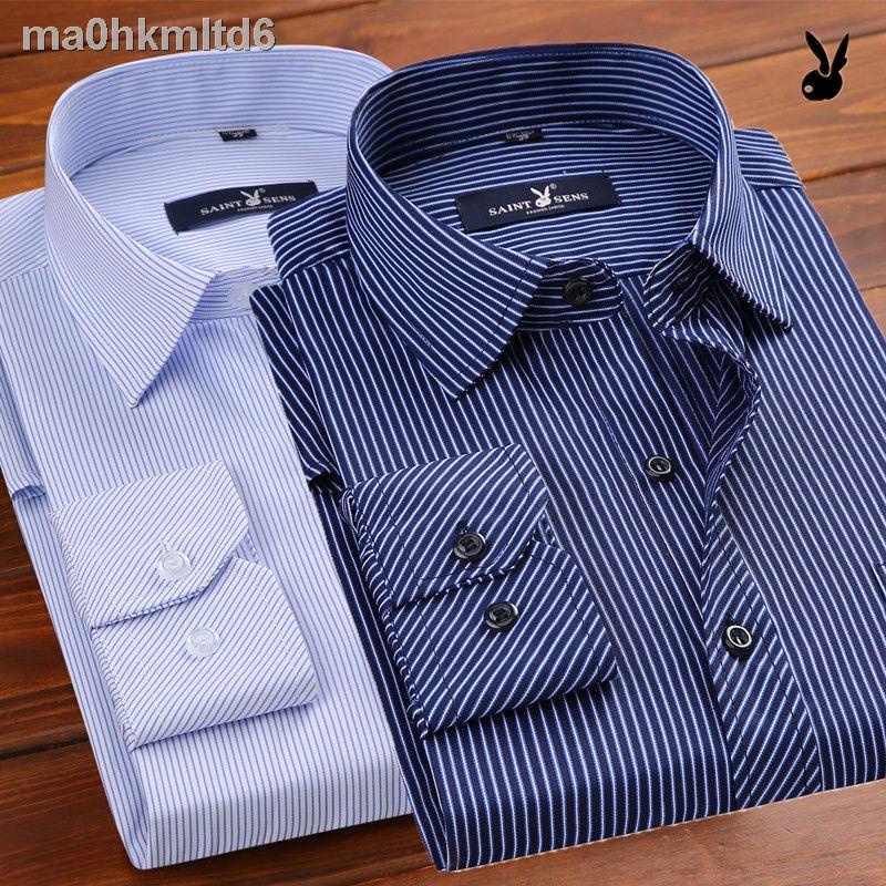 ﹍๑Áo sơ mi dài tay mỏng cho mùa xuân và thu, quần nam trung niên cao tuổi, màu trơn sọc hoa công sở, không ủi