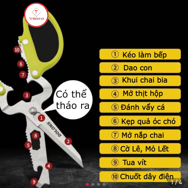 Kéo nhà bếp cắt gà đồ ăn Nhật Bản 10 chức năng bằng thép không gỉ cao cấp có thể tháo rời mở nắp chai, tua vit, Cờ lê