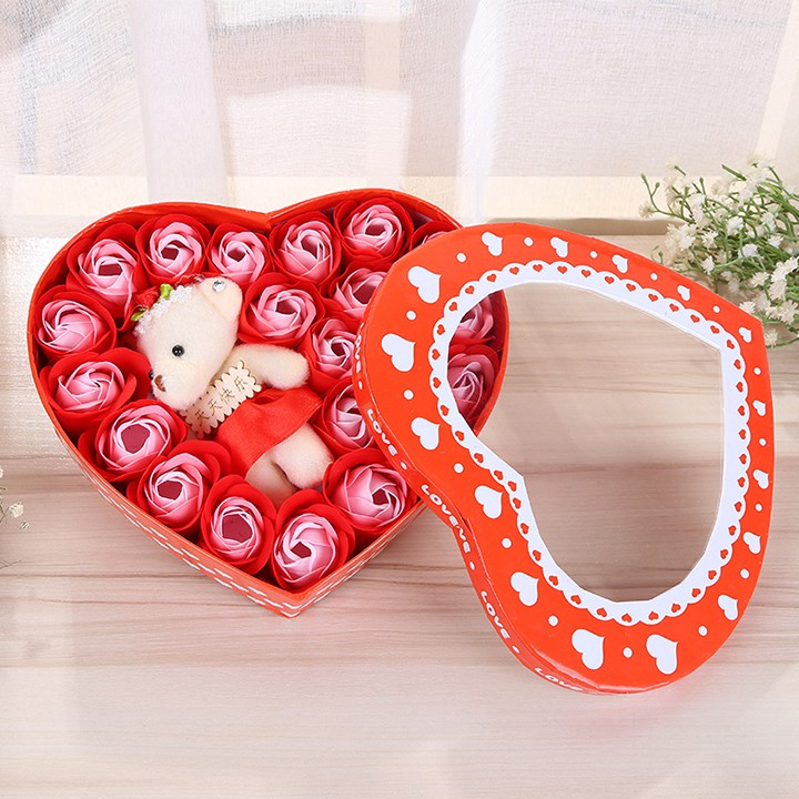 Quà 08/03 - Hộp quà trái tim hoa hồng sáp kèm gấu bông, quà kỉ niệm Quốc tế phụ nữ, lễ kỉ niệm