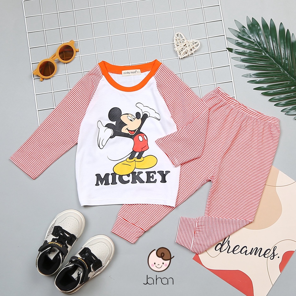 [SALE] Bộ Quần Áo Bé Gái, Bé Trai Minky Mom Vải Thun Lạnh Mickey Tay Kẻ, Bộ Dài Tay Cho Bé Mặc Nhà Thu Đông MKMTD2209