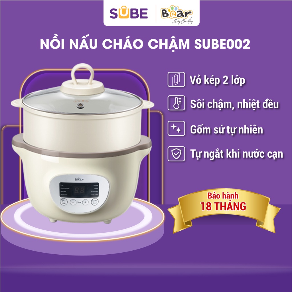 Nồi Nấu Cháo Chưng Yến Bear 1,6L NINH- HẦM- HẤP Đa Năng Giữ Trọn Chất Dinh Dưỡng Với Nguyên Lý Cách Thủy  Sube002