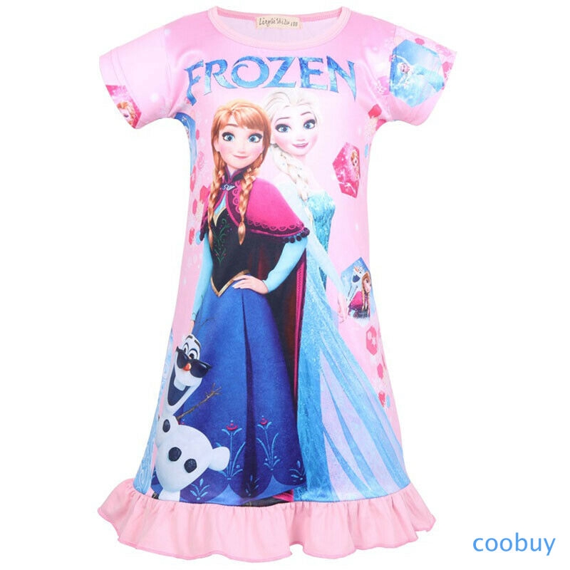 CB❤❤ Girl's Kids Summer Nightdress Frozen Elsa Anna Print Short Sleeve Ruffle