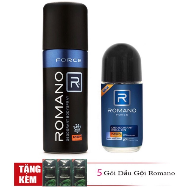 Combo Xịt và lăn ngăn mùi toàn thân cho Nam Romano Force+Tặng kèm 5 gói dầu gội