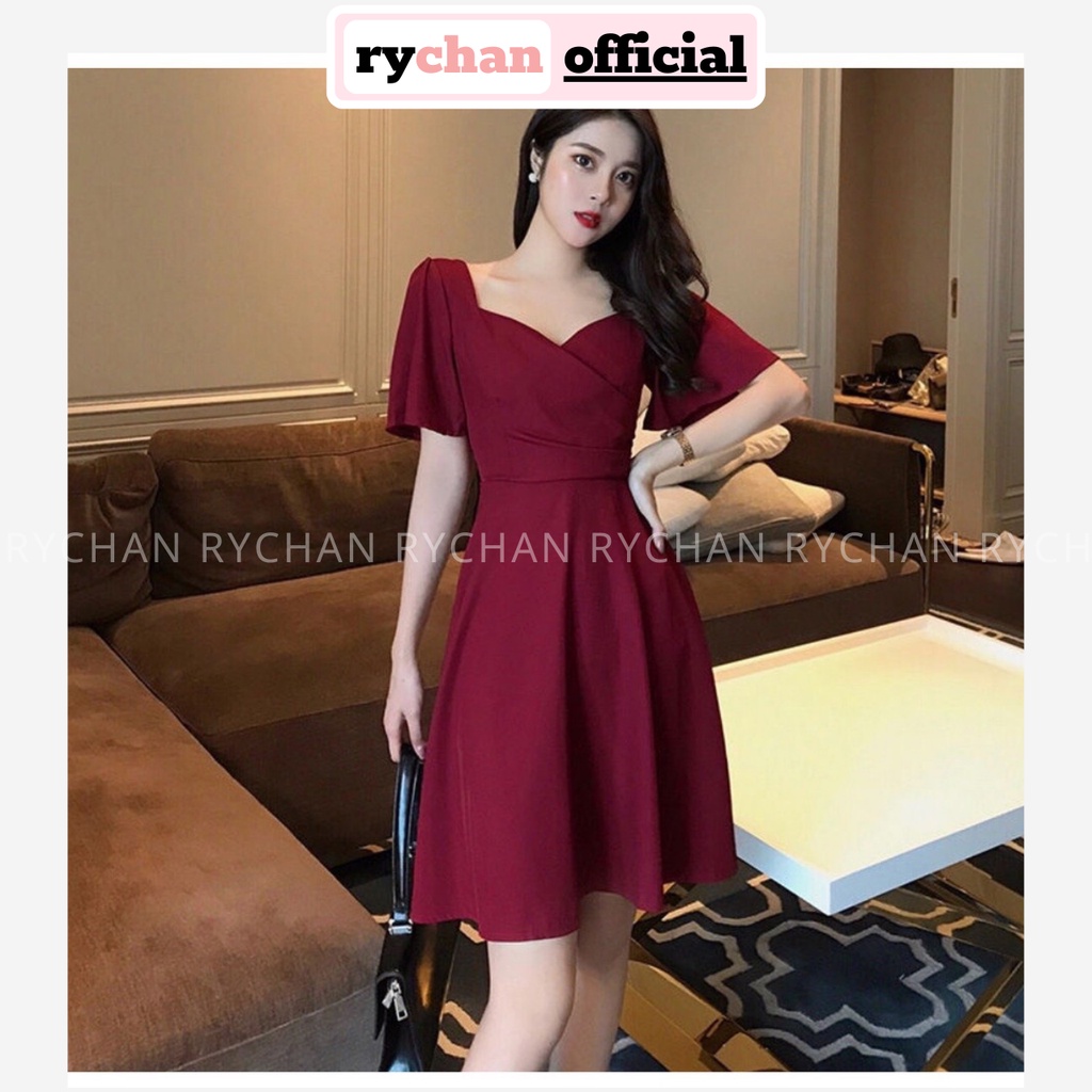 Đầm Xòe Đỏ Rượu Tay Loe Đắp Chéo Thục Nữ - DX551