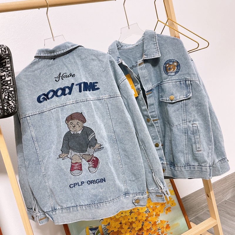 Áo Khoác Jeans Bò Thêu Gấu Dáng Thụng