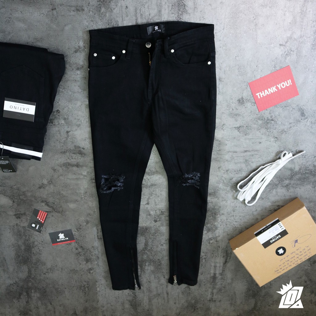 Quần Jean nam đen Streetwear Datino rách gối Skinny Zipper chất Denim co giãn không phai màu | BigBuy360 - bigbuy360.vn