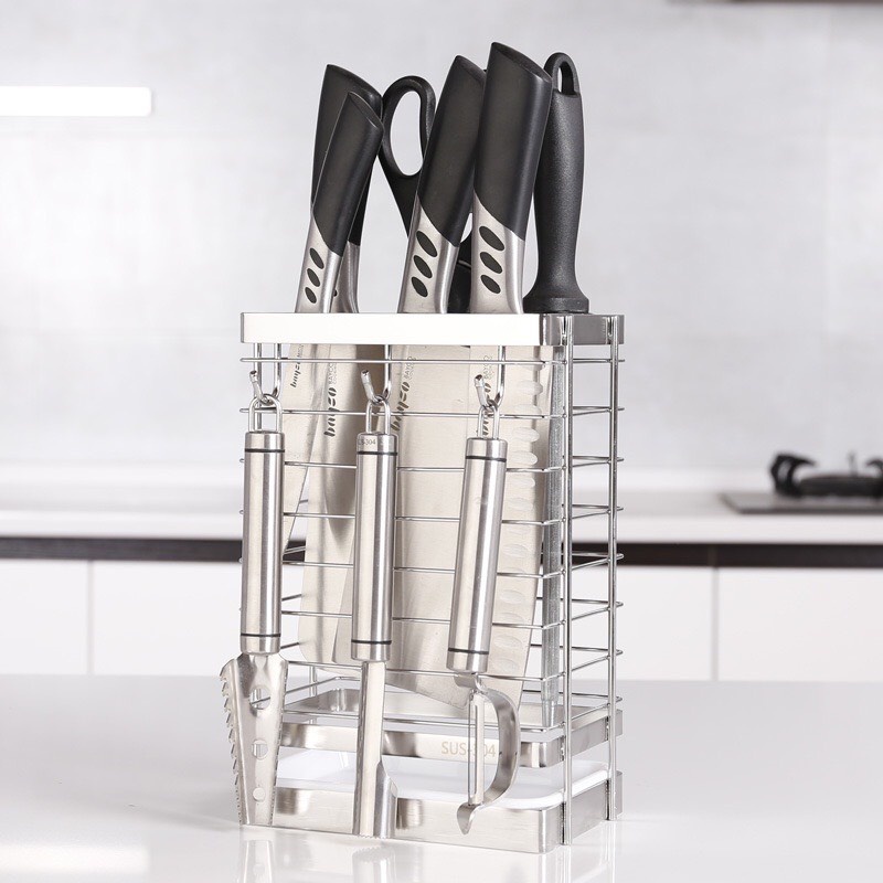 Kệ đựng dao kéo Inox 304 kèm 3 móc treo và khay hứng nước chống rỉ(loại dày)