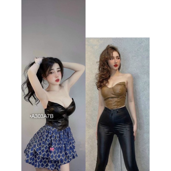 ÁO CÚP DA NỮ SEXY ÁO KIỂU CROPTOP CÚP NGỰC CHẤT DA MÀU ĐEN/NÂU
