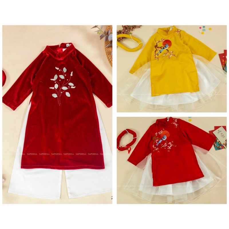 Áo dài nhung bé gái 2-7y