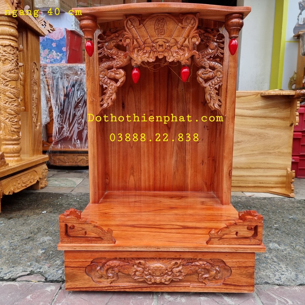 Bàn thờ thần tài ông địa gỗ xoan ngang 42 cm màu đỏ mẫu mới